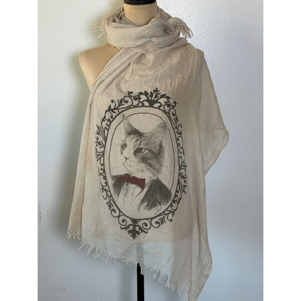 Victorian Cat Portrait Lightweight Cotton Scarf Beige Frayed Edge Art to wear